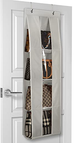 Lirex Handbag Storage Organiser, Over Door Purse Organizer Hanging Bag Hanger with 4 Clear Pockets Foldable Scarf Umbrella bag storage for handbags, Grey