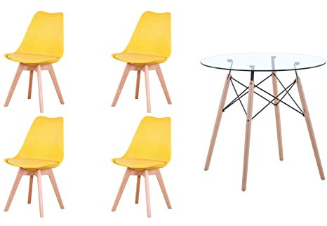 HJhomeheart Table à Manger Ronde avec 4 Chaises de Salle à Manger pour Salle à Manger Cuisine Salon Table à Manger en Verre et Chaises Jaune