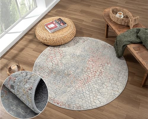 MY-RUG Teppich Leikny rund Beige 120 x 120 cm Runder Esszimmerteppich in kurzflor, Badezimmerteppich in Beige Grau meliert für das Wohnzimmer