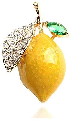 Broche bijou fruit citron jaune et feuille strass cristal et acier.