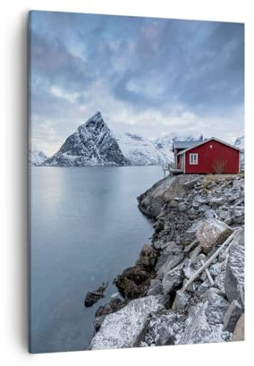 Bilder auf Leinwand Norwegen Fjorde Hütte Leinwandbild mit Rahmen 50x70cm Wandbilder Dekoration Wohnzimmer Schlafzimmer Küche Deko Groß Wanddeko Bild Wand Kunstdruck Art Wall Decor Canvas PA50x70-6051