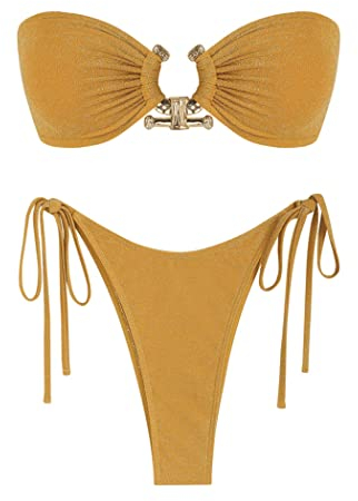 ZAFUL Bandeau-Bikini-Set mit Metallringen, seitlich zum Binden, hoher Schnitt, 2-teiliger Badeanzug mit Cut-Out-Bademode, goldgelb, Medium