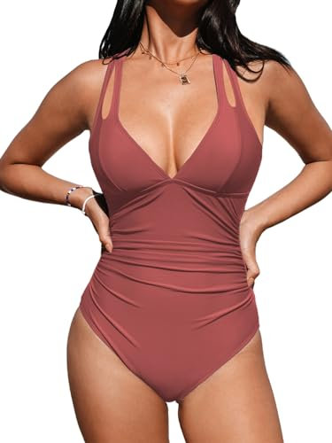 CUPSHE Damen Badeanzug V Ausschnitt Bauchweg Raffungen Zierausschnitten Tiefer Rückenausschnitt Crossback Einteilige Bademode Swimsuit Ziegelrot M