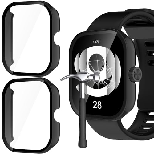 Jvchengxi Funda para Xiaomi Redmi Watch 4 Protector de Pantalla, 2-Piezas Duro PC Carcasa Protectora Antiarañazos Vidrio Templado Protección Completa Estuche Case Redmi Watch 4 (Negro+Negro)