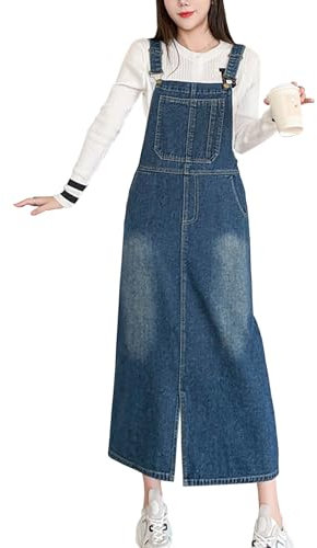 Yishengwan Vestito Salopette di Jeans Donna Mid Lunga Senza Maniche Denim Vestiti Overall con Tasche Blu M
