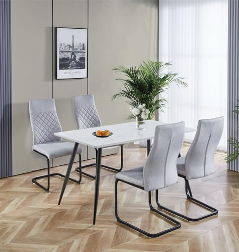 Hallowood Furniture Cullompton 120x70cm Small Dining Table and Chairs Set 4 | White Marble Effect Top Small Rectangular Kitchen Table and Chairs in High Back, Grey Fabric and Metal Legs for Home & Café