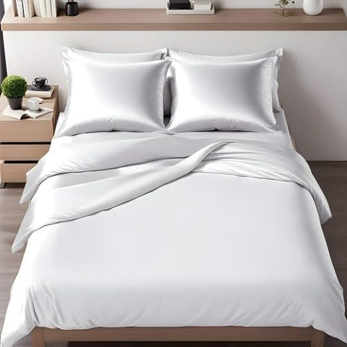 Cozyor Wende-Bettwäsche 135x200 cm glänzend matt, Satin & Mikrofaser, extra dick und weich mit robustem Reißverschluss, Deckenbezug + Kissenbezug 80x80 cm, 2 teilig, weiß Purity