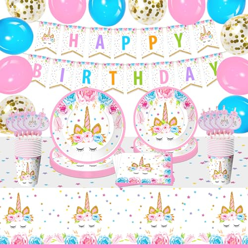 94 Pieza Infantiles Unicornio Vajilla, Vajilla Unicornio Cumpleaños, Juego Vajilla Unicornio, Vajilla Fiesta Unicornio, Decoraciones Cumpleaños Unicornio con Platos, Taza, Unicornio Vajilla Cumpleaños