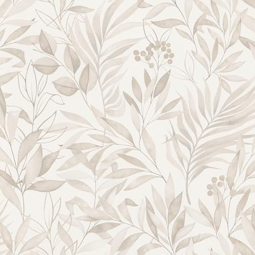 Rasch Tapete 286069 - Helle Papiertapete mit beigen Blättern in moderner Aquarelloptik- 10,05m x 0,53m