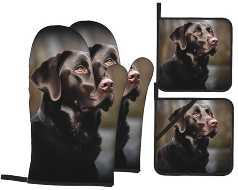 Ofenhandschuhe und Topflappen, 4er-Set, Labrador Retriever-Ofenhandschuhe mit Umhängeband, Ofenhandschuh für die Küche, hitzebeständige Topflappen, Grillhandschuhe zum Kochen und Backen