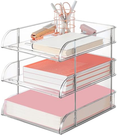 Clear Stackable Paper Trays Pack of 3, Transparent Storage Compartments, PET Desk Letter Tray Set, A4 Paper Tray for Documents, Book Magazine