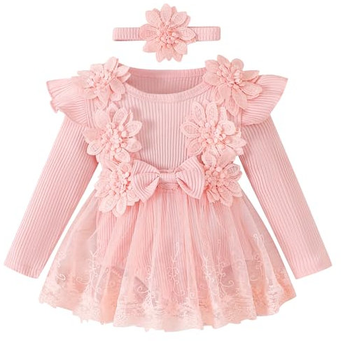 IBAKOM B?b? Fille ? Manches Longues C?tel? Tricot? Robe Pantalons B?b? Dentelle Tutu Robe Florale et Bandeau Ensemble de V?tements G?teau Cass? Mariage F?te d'anniversaire Costume Rose 12-18M