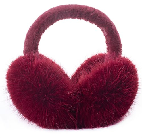 ZMUBB Winter-Ohrenschützer für Damen, flauschiger Kunstfell-Ohrenschützer, faltbar, für Mädchen, weiche Ohrenschützer (Burgunderrot)