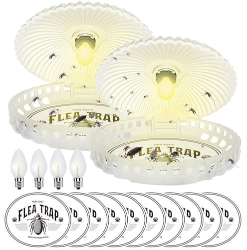 Vmxlso 2 Stück Flohfalle, Flohfalle für Wohnung, Schlafzimmer, Wohnzimmer, LED Leicht Flohfallen, Flohlichtfalle mit 10 Klebescheiben, Bettwanzen Falle für Flöhe, Mücken, Fliegen, Geruchlos Ungiftig