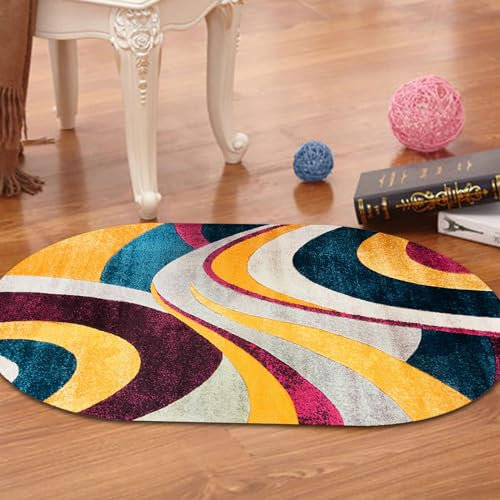 GUGJHFVH Wohnzimmer Oval Teppiche Für Schlafzimmer Home Office Esszimmer Couchtisch Waschbar rutschfeste Moderner Teppich Abstrakt Gestreift Gelb/Blau/Grau, 150 x 200 cm