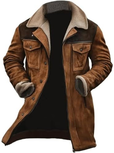 SOOUICKER Ledermantel Herren Lang Gefüttert Wintermantel Leder Fell Lederjacke Winter Lang Teddyfell Mantel Fellkragen Wildleder Mantel Vintage Trenchcoat Warm Outdoor