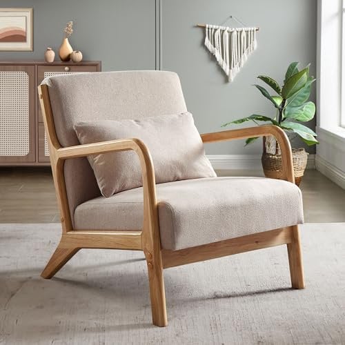 Sicaan Skandinavischer Vintage-Sessel Marie aus beigem Leinen und Holz