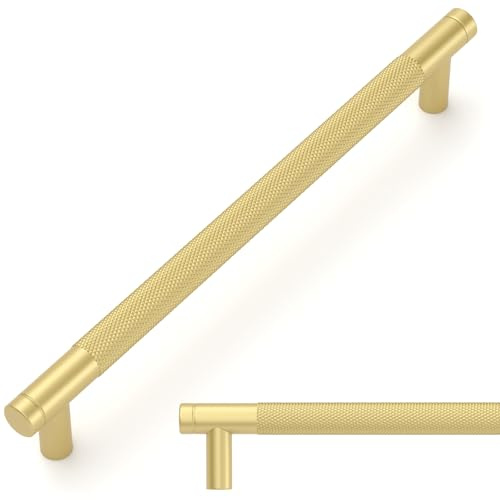 Amerdeco 10 Stück Mattes Gold Gerändelte Schrankgriffe 254mm Lochabstand, Aluminium Griffe für Küchenschränke & Möbelgriffe für Schubladen