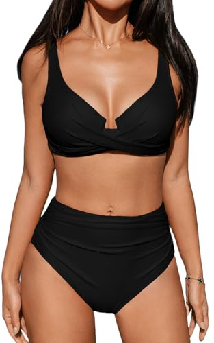 CUPSHE Ensemble de bikini pour femme taille haute Maillot de bain à armatures Bretelles réglables à crochet Fermeture torsadée Couverture complète au bas, noir, Taille L
