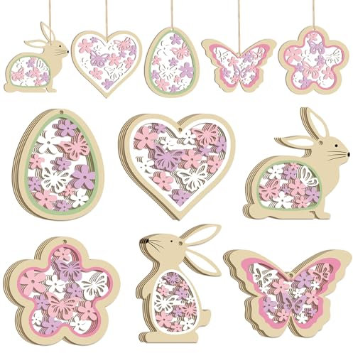 24 Stück Osterdeko zum Aufhängen, Frühlingsdeko Anhänger, Osteranhänger Holz,Osterhase Ostereier Schmetterlinge Blumen Ostern Deko(Pink