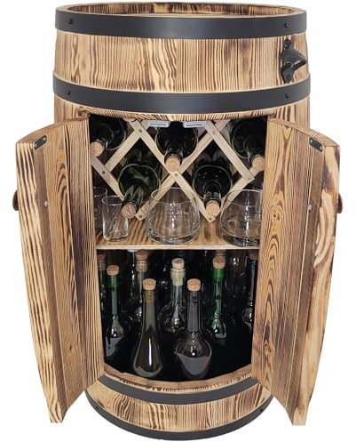 weeco Fassbar für Alkohol mit Doppeltüren – rustikaler Holz-Barschrank mit Regal und Flaschenhalter, geflammter Barschrank 80 cm, braun