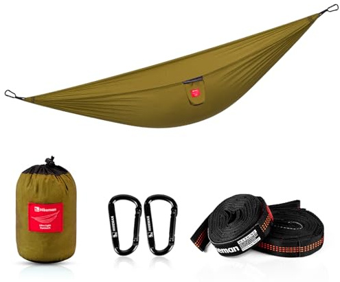 Hamac d'extérieur en nylon - Hamac de voyage ultra léger avec deux sangles d'arbre, 270 x 145 cm pour camping, randonnée, pique-nique, jardin, plage (kaki)