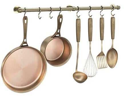 ROTHLEY Stainless Steel Hanging Pot Rack Hanger: 23.7 Inch Pot and Pan Hanger Wall Mounted Hanging Pot Bar Rack Heavy Duty Pot Hangers Kitchen Rail with 8 S Hooks (Antique Brass)