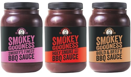 Smokey Goodness – Coffret cadeau BBQ, lot de 3 avec Smokey’s Finest, Holy Smoke & Bold & Beefy – développé par le champion de BBQ Jord Althuizen – sauces pour burger, steak et pulled pork (3x500 ml)