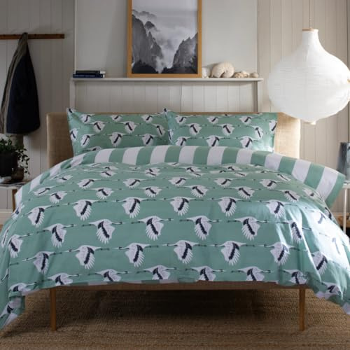Lobster Creek Sedge 100% Cotton Duvet Cover Set with Pillowcases – 144TC, Crane Pattern, Reversible Design, Button Fastening – Blue & Green, Single/Double/King/Super King Sizes [Gr-Si]