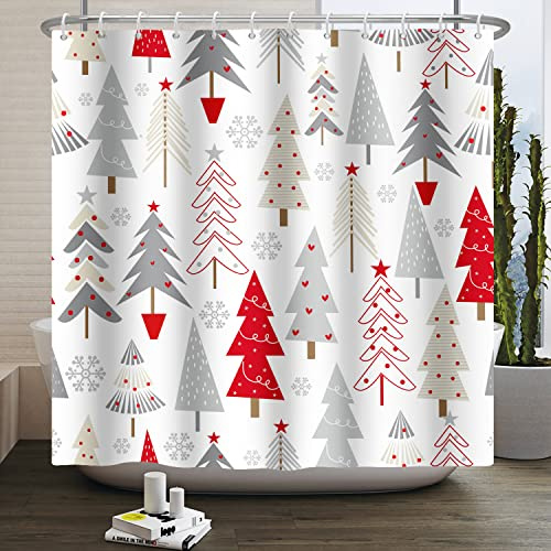 Kzzfqxb Rideaux de Douche 180x200cm avec Crochets, Noël Nouvel an sapins deNoël Gris et Rouges étoiles Flocons de Neige, étanche Tissu Polyester pour Baignoire, Festival décoration pour Salle de Bain