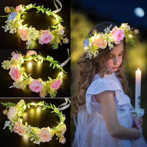 Herbst LED Blumenkranz Stirnband, 3 Stück Blumenkranz | Haare Damen und Mädchen Kopfschmuck Boho, Haarkranz Leuchtend für Festival Geburtstag Weihnachten Hochzeit Party (B)