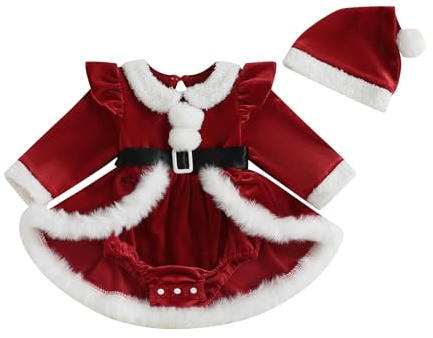 Carolilly Ensemble de Noël pour Bébé Fille, Robe en Velours avec Bonnet, Rouge/Vert/Bleu, Style Père Noël