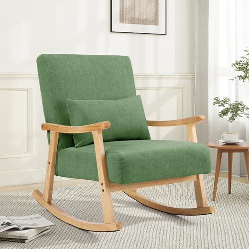 Aunekiv Mid-Century Modern Schaukelstuhl, Schaukelsessel mit Lendenkissen, Gepolsterter Stillsessel mit Holzarmlehnen & Holzbeinen, Bequemer Sessel für Wohnzimmer, Schlafzimmer & Babyzimmer, Grün