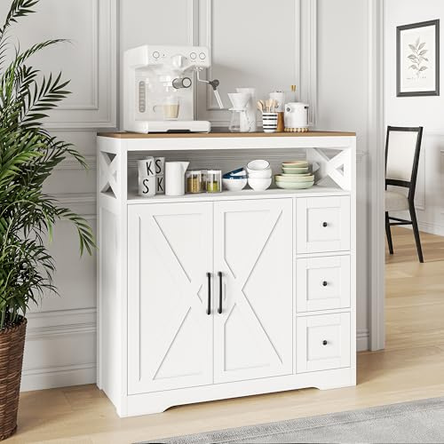 Küchenschrank Sideboard mit 3 Schubladen & Offenem Fäch,Buffetschrank Küchenkommode mit Arbeitsplatte,Anrichte Weiß Landhaus für Küche/Esszimmer,Kaffeebar Schrank,Aufbewahrungsschrank, 100x40x105 cm