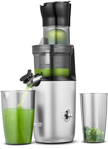 AMZCHEF Ganzfrucht Entsafter - 80MM große Öffnung Slow Juicer - Entsafter Gemüse und Obst Testsieger mit Verbesserter Schnecke, Doppelschicht Filter, Retro Kippschalter, Leiser Motor - Grau