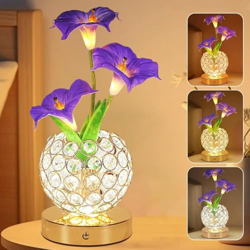 Maxspace Blumen Tischlampe, 3 Farben Dimmbar Kristall-Touch-Nachtlicht, Wiederaufladbare Tischlampe mit Prunkwinde, Nachttischlampe, Vasenlampe für Date Party Zuhause (Prunkwinde - Lila)