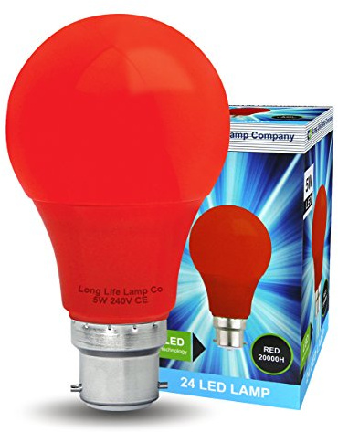 Long Life Lamp Company Bright 5w LED Coloured GLS Light Bulb Red B22 Bayonet Cap Fitting
