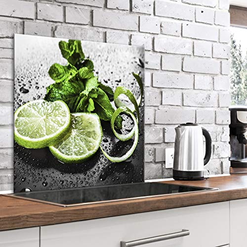 murando Spritzschutz Glas für Küche 60x60 cm Küchenrückwand Küchenspritzschutz Fliesenschutz Glasbild Dekoglas Küchenspiegel Glasrückwand Limone Minze Wasser Obst - j-B-0089-aq-a