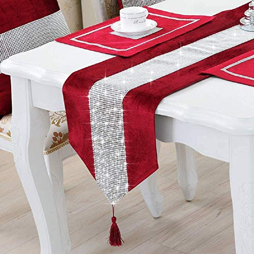 LCHULLE Tischläufer/Tischdecke mit Schmucksteinen 210*33cm Glitzer Tischläufer Tischband Tischdecken für Party Hochzeit Bankett Tischdekoration Rot