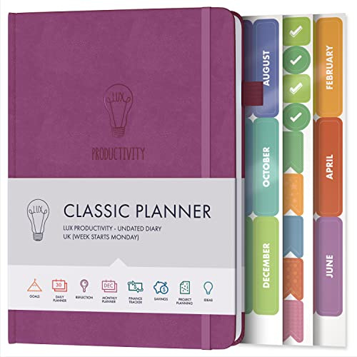 Daily Planner & appointment diary - Gratitude journal, wellness journal & Undated weekly planners and organisers - Desk journals for women & men - LUX Productivity Classic (MULBERRY PURPLE)