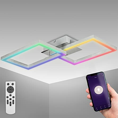 B.K.Licht - Smart Home LED Deckenlampe mit App- und Stprachsteuerung, einstellbar von warmweiß bis kaltweiß, buntes RGB Licht, Lampe, LED Deckenleuchte, Wohnzimmerlampe, 50x38x9,1 cm, Chrom-Alu