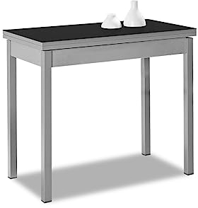 ASTIMESA Mesa de Cocina Extensible de Libro sin cajón - 80x40 cm (80x80 cm) - Estructura y Tapa Interior Color Aluminio - Tapa Superior Cristal Color Negra