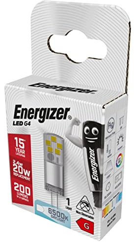 Energizer G4 LED Light Bulb. 2.4W (20w Halogen Equivalent) 12V. 200 Lumens. Bi-Pin Base Energy Saving. Daylight 6500k