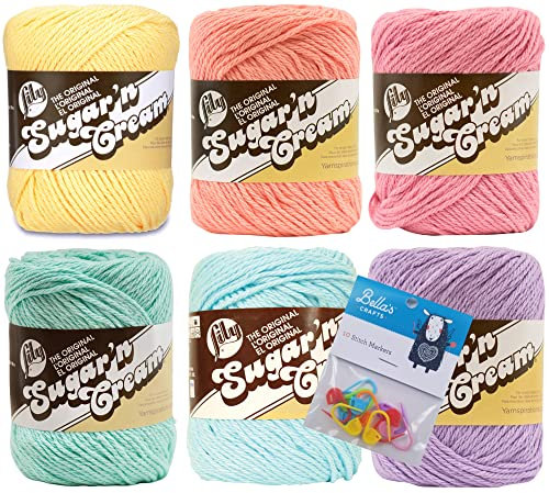 Lily Sugar'n Cream 100% Cotton Yarn 6-Pack Bundle with Bella's Crafts Stitch Markers (Pastel Solids)