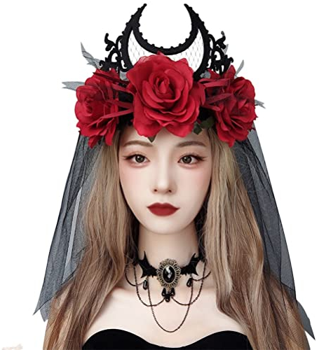 Blumenkranz Halloween Damen Haarschmuck Blumen Stirnband mit Schwarz Tüll Haarreifen Schleier Brautkleidzubehör Kranz Haarband Hochzeit Karneval Fasching Cosplay Kostümparty Blumendekor (Rot A)