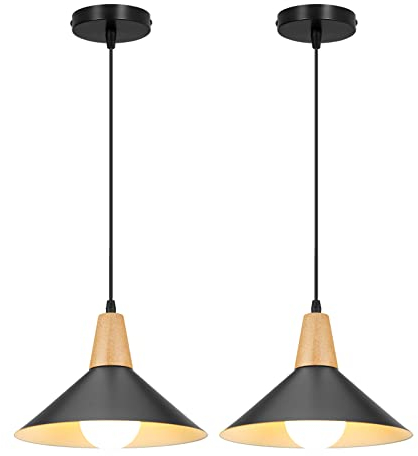 LIGKIN 2 Piezas Lámpara Colgante Industrial Moderna Ø25cm Pantalla Metal Madera Lámpara de Techo Retro E27 Iluminación para Cocina Comedor Cafetería, Negro