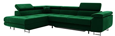 MEBLINI Schlafcouch mit Bettkasten - Ecksofa mit Schlaffunktion - Sofa mit Relaxfunktion und Kopfstützen - Couch L-Form - Eckcouch - Wohnlandschaft - Carl - 272x202x63cm Links - Grün Samt