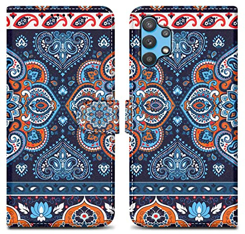 Cadorabo Hülle kompatibel mit Samsung Galaxy A32 5G - Design Blaues Mandala No. 1 - Schutzhülle mit Magnetverschluss, Standfunktion und Kartenfach