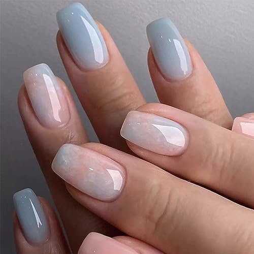 Agasar 24pcs Short Coffin Blue Pink Marble Stick-on False Nails, ABS Material, Full Cover Nails, Women & Girls Nail Art Accessories