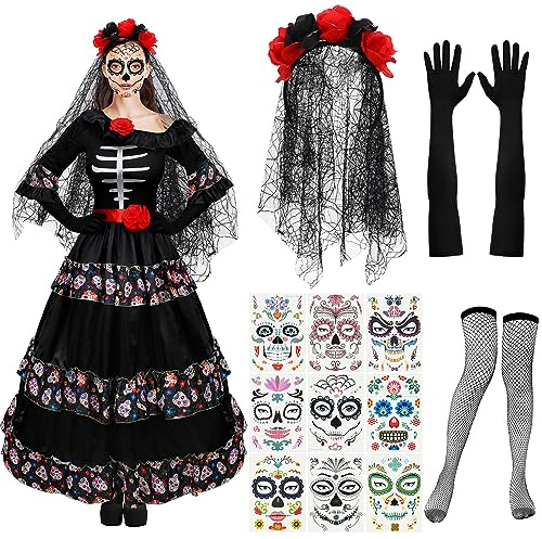 Xaatren 5 Pcs Women's Day of the Dead Costume Halloween Black Skull Skirt Gloves Stocking Face Tattoos Floral Crown Veil